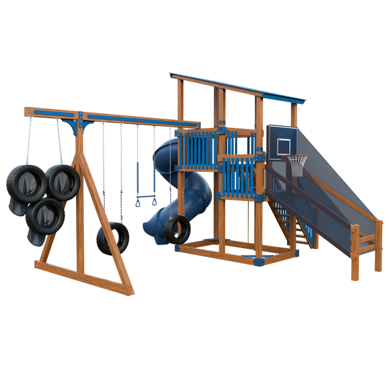 Super 59 Sports Tower swing set in wood grain and blue, back left