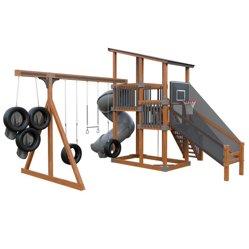 Super 59 Sports Tower swing set in wood grain and gray, back left