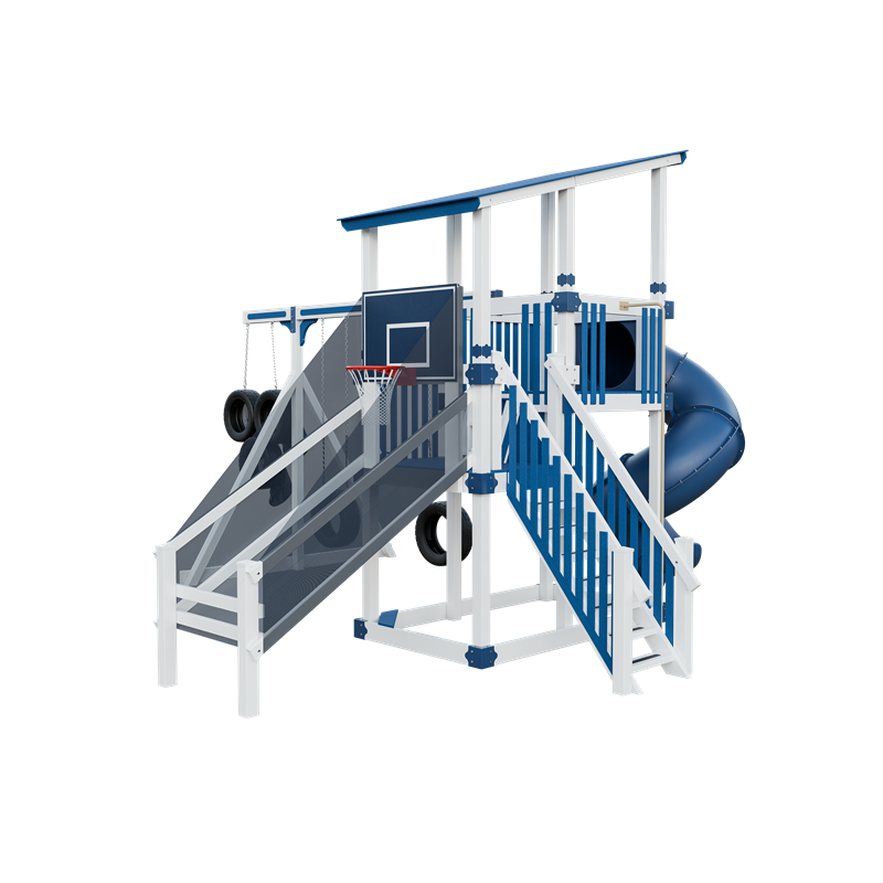 Super 59 Sports Tower swing set in white and blue, back right