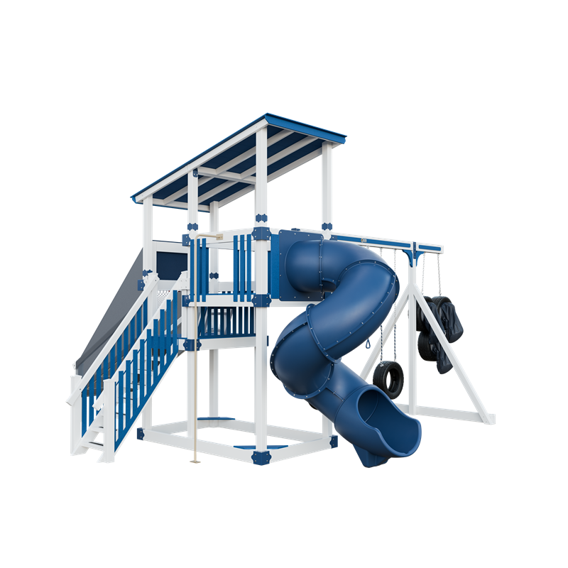 Super 59 Sports Tower swing set in white and blue, front left