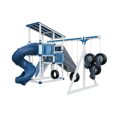 Super 59 Sports Tower swing set in white and blue, front right