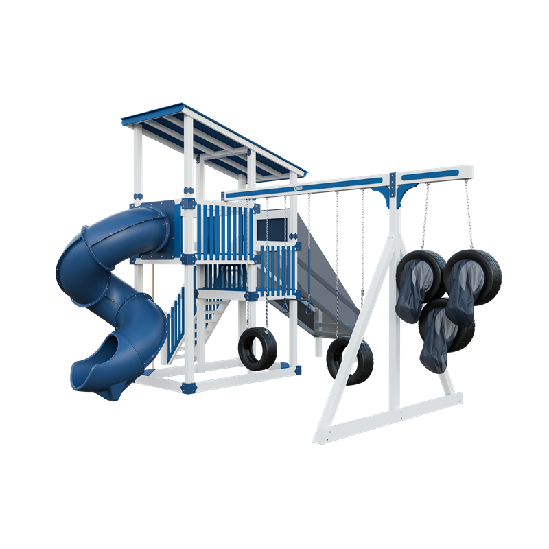 Super 59 Sports Tower swing set in white and blue, front right