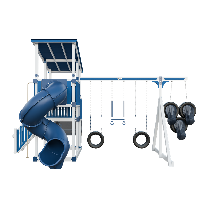 Super 59 Sports Tower swing set in white and blue, front