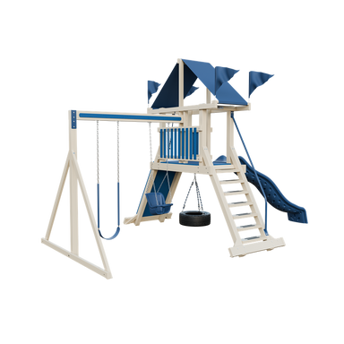 Climber 35 swing set in almond and blue, front left