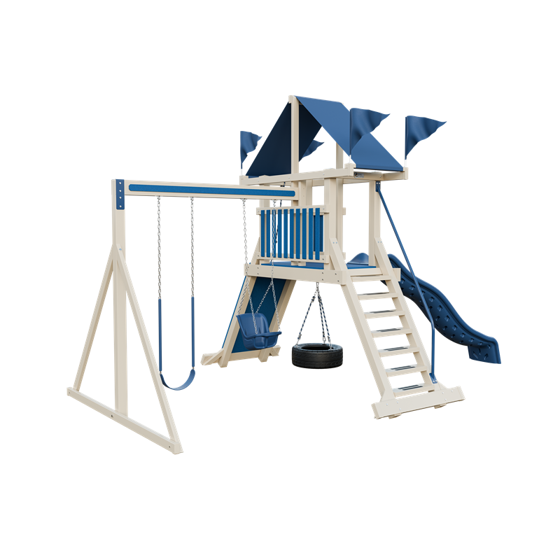 Climber 35 swing set in almond and blue, front left