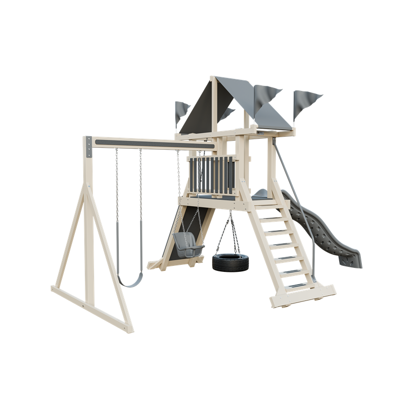 Climber 35 swing set in almond and gray, front left