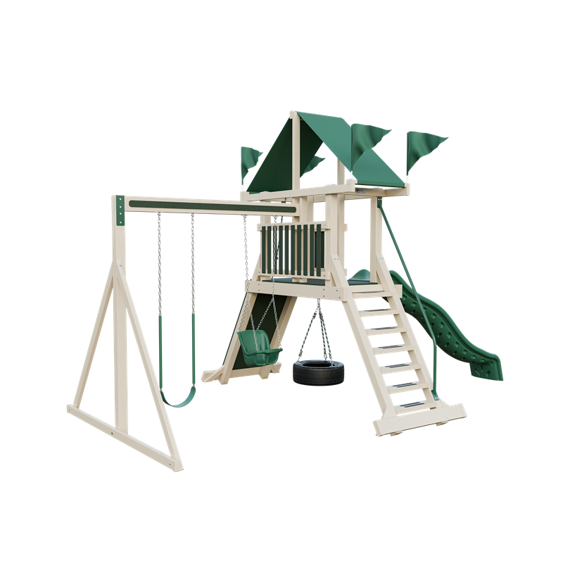 Climber 35 swing set in almond and green, front left