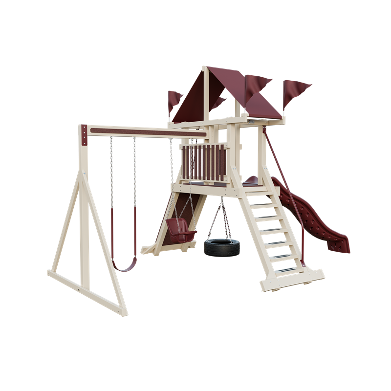 Climber 35 swing set in almond and red, front left