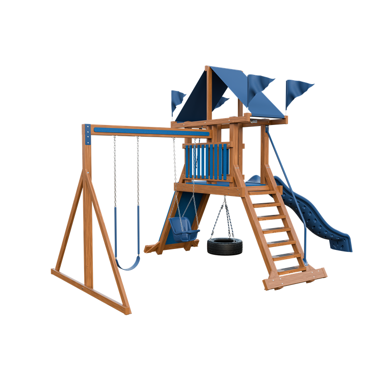 Climber 35 swing set in wood grain and blue, front left