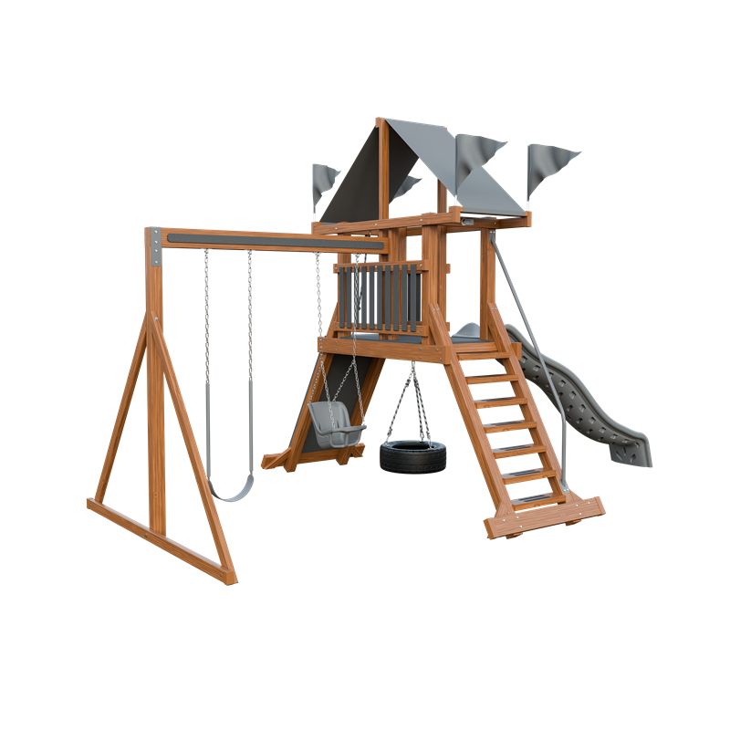 Climber 35 swing set in wood grain and gray, front left