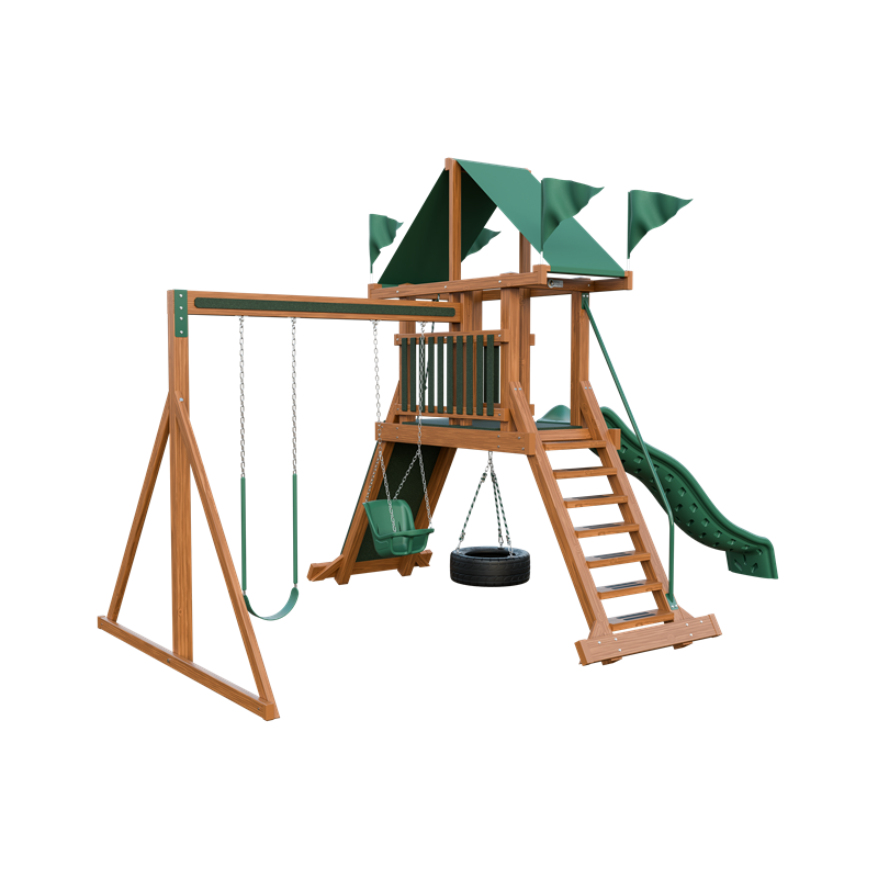 Climber 35 swing set in wood grain and green, front left