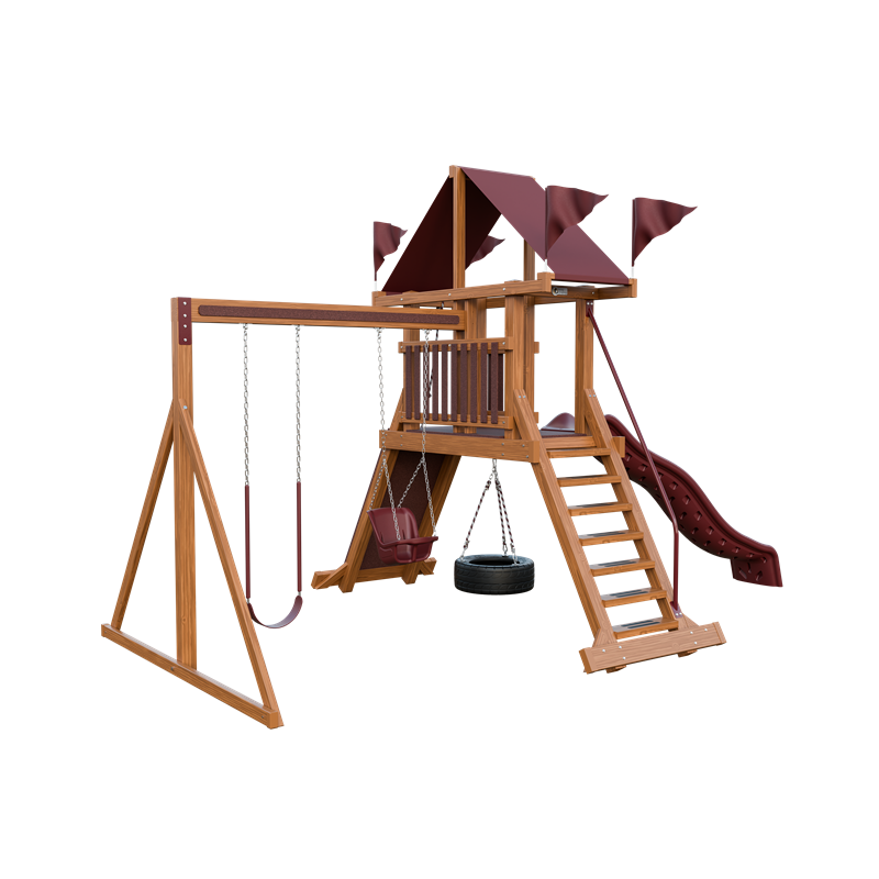 Climber 35 swing set in wood grain and red, front left