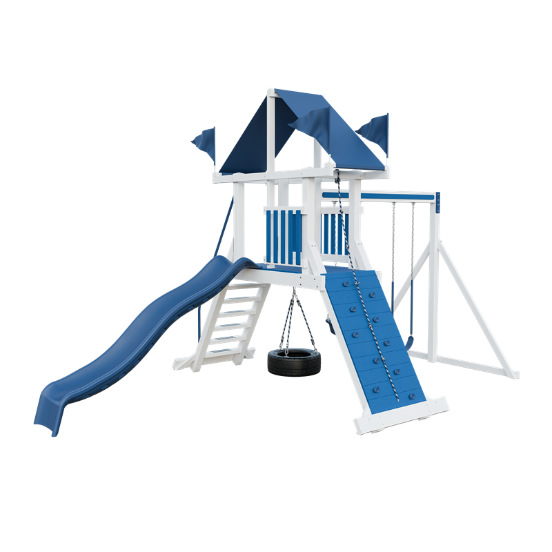 Climber 35 swing set in white and blue, back left