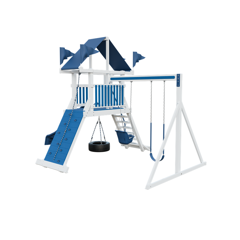 Climber 35 swing set in white and blue, back right