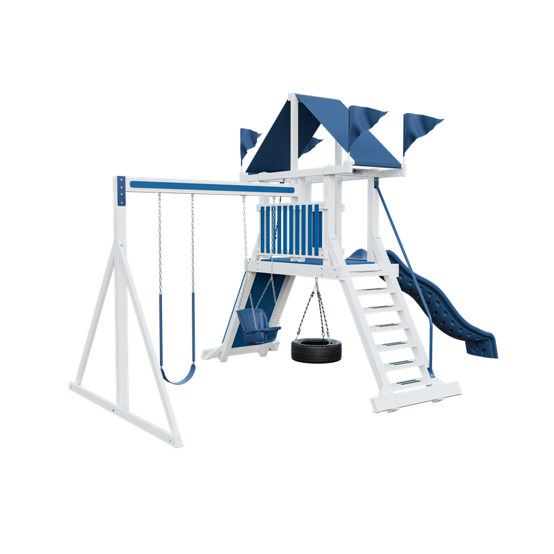 Climber 35 swing set in white and blue, front left