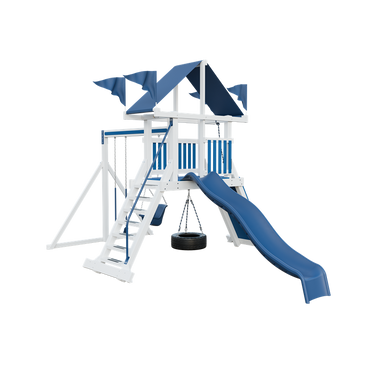 Climber 35 swing set in white and blue, front right