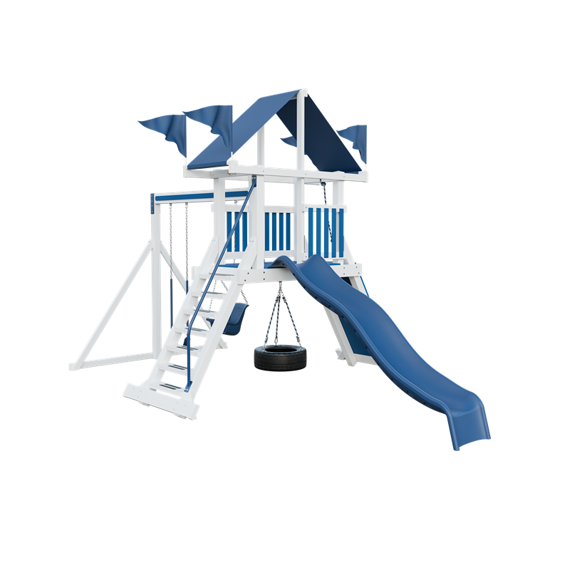 Climber 35 swing set in white and blue, front right