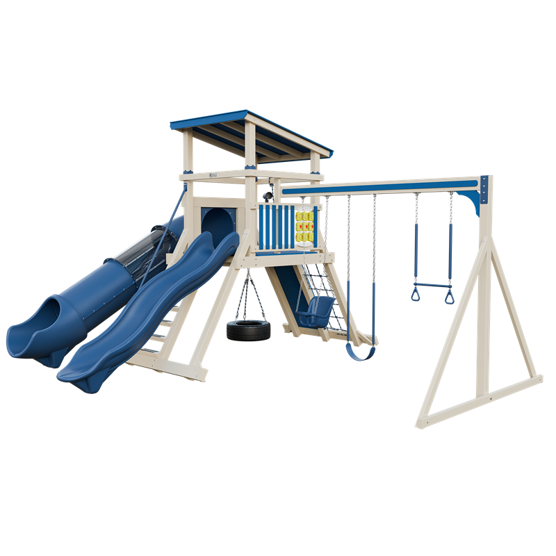 Climber 55 Deluxe swing set in almond and blue, front right