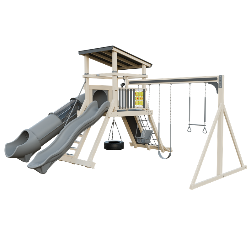 Climber 55 Deluxe swing set in almond and gray, front right