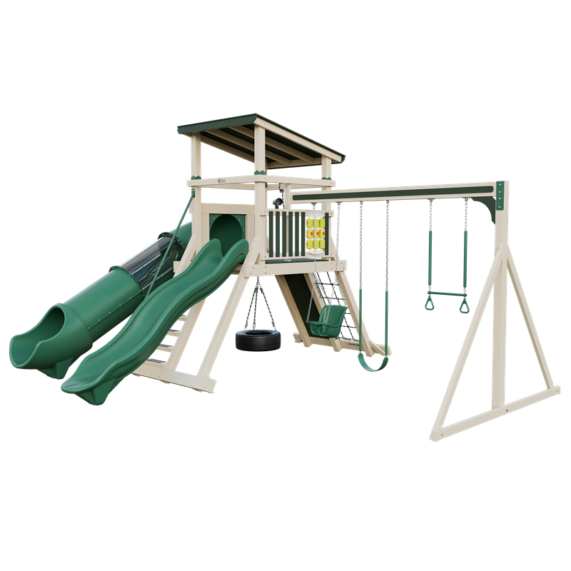 Climber 55 Deluxe swing set in almond and green, front right