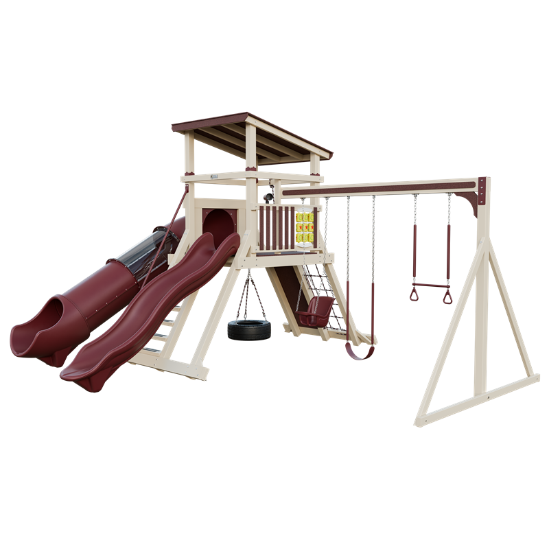 Climber 55 Deluxe swing set in almond and red, front right