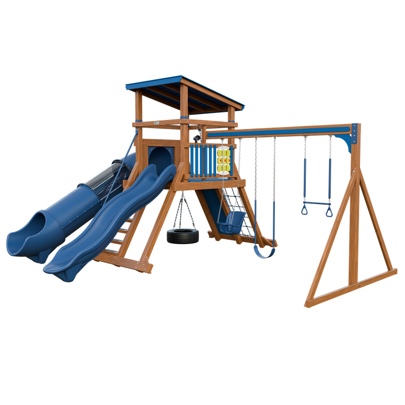 Climber 55 Deluxe swing set in wood grain and blue, front right