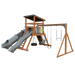 Climber 55 Deluxe swing set in wood grain and gray, front right