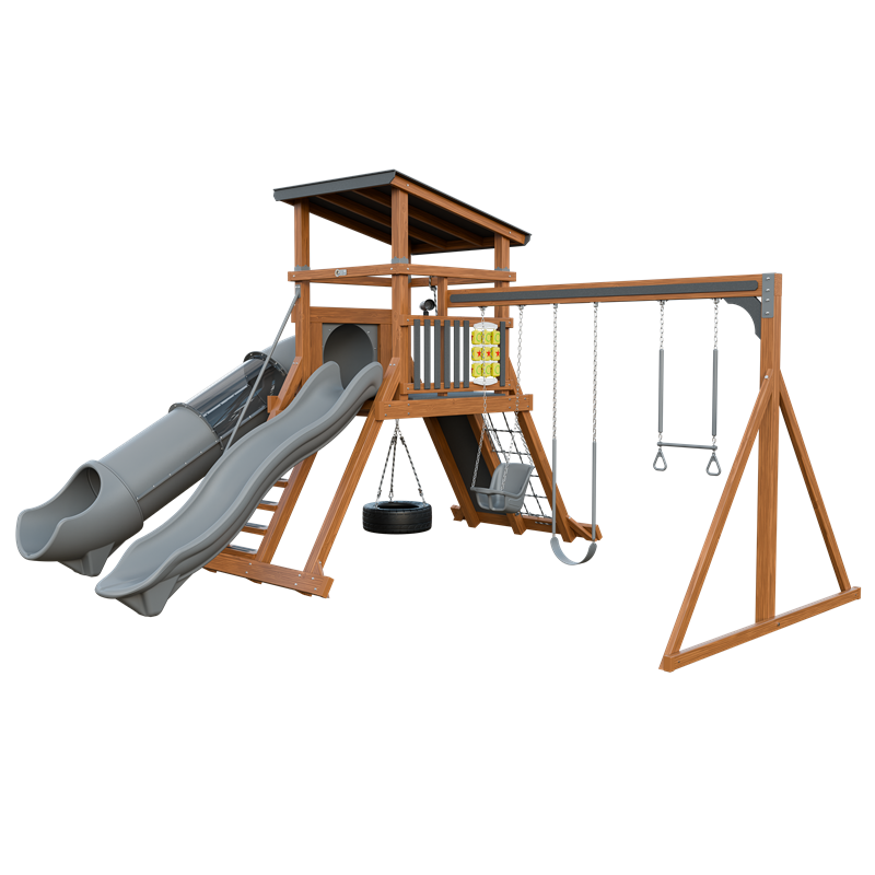 Climber 55 Deluxe swing set in wood grain and gray, front right