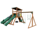 Climber 55 Deluxe swing set in wood grain and green, front right