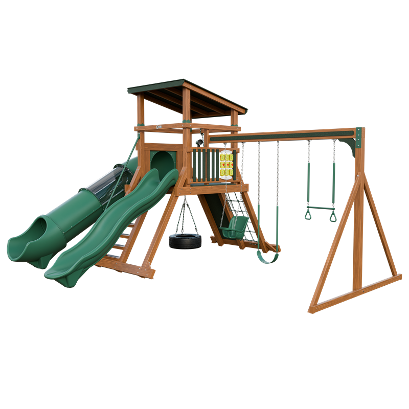 Climber 55 Deluxe swing set in wood grain and green, front right