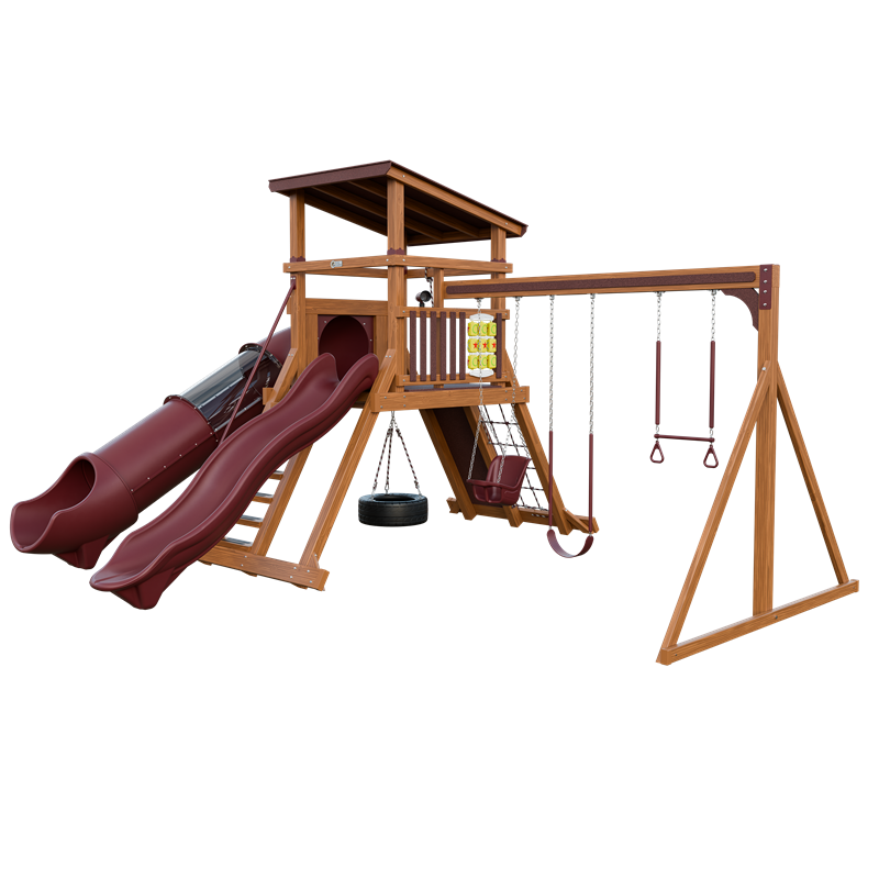 Climber 55 Deluxe swing set in wood grain and red, front right