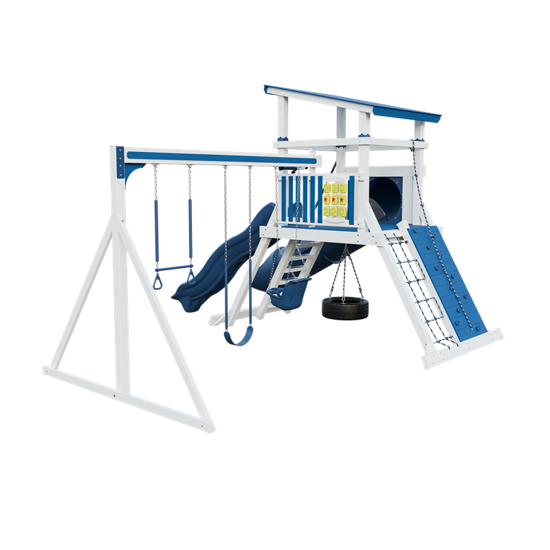 Climber 55 Deluxe swing set in white and blue, back left