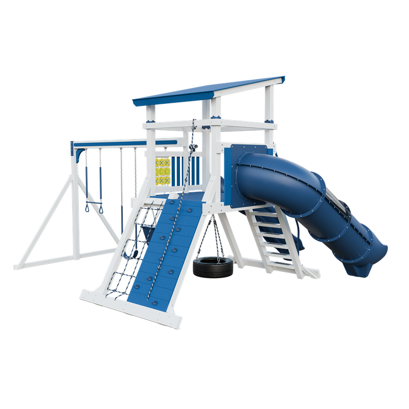 Climber 55 Deluxe swing set in white and blue, back right