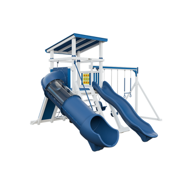 Climber 55 Deluxe swing set in white and blue, front left