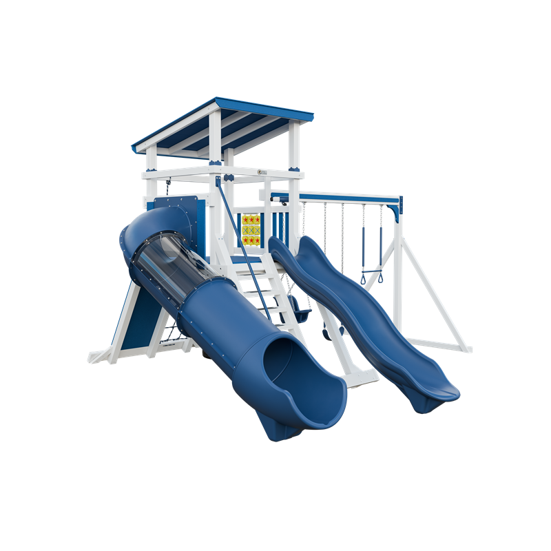 Climber 55 Deluxe swing set in white and blue, front left