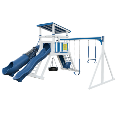 Climber 55 Deluxe swing set in white and blue, front right