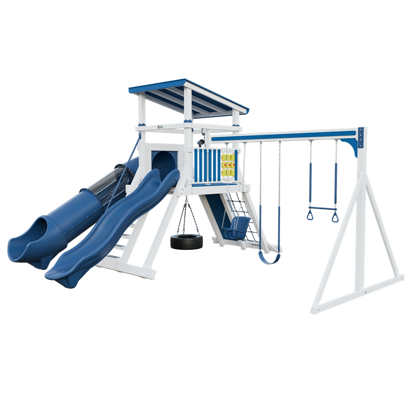 Climber 55 Deluxe swing set in white and blue, front right