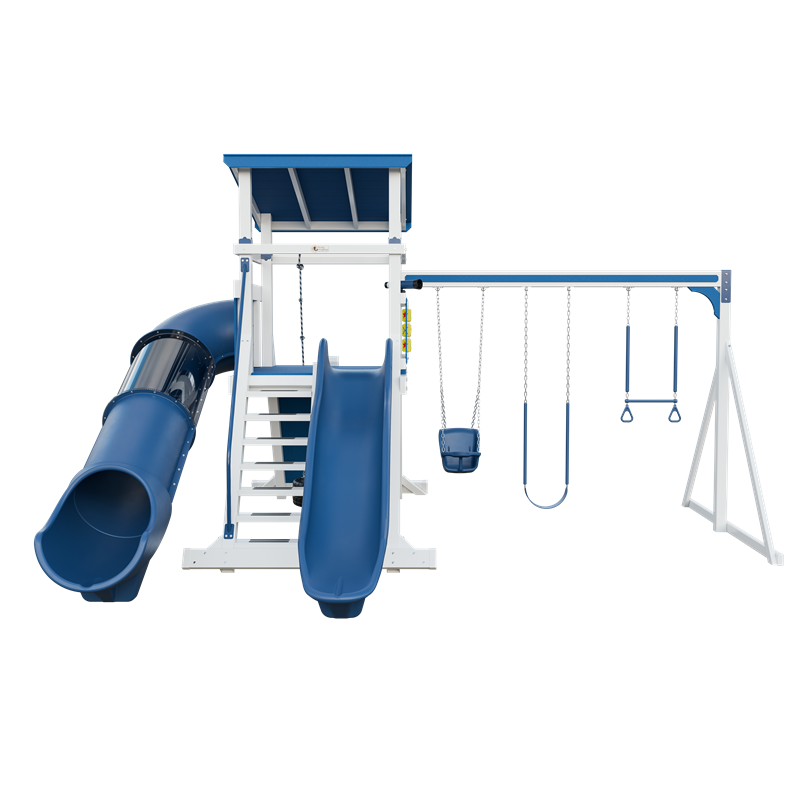 Climber 55 Deluxe swing set in white and blue, front