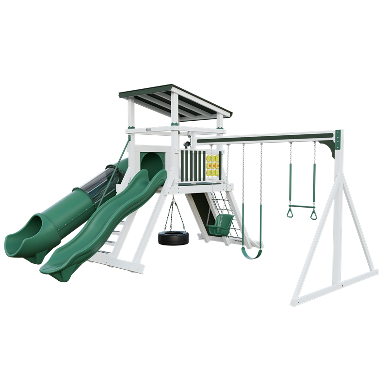 Climber 55 Deluxe swing set in white and green, front right