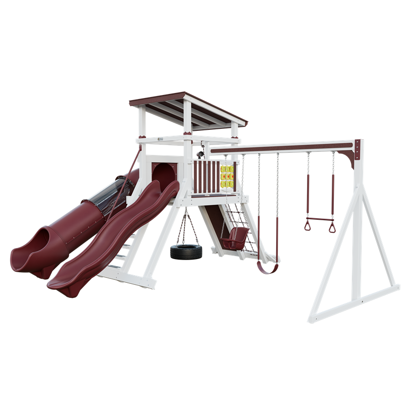 Climber 55 Deluxe swing set in white and red, front right