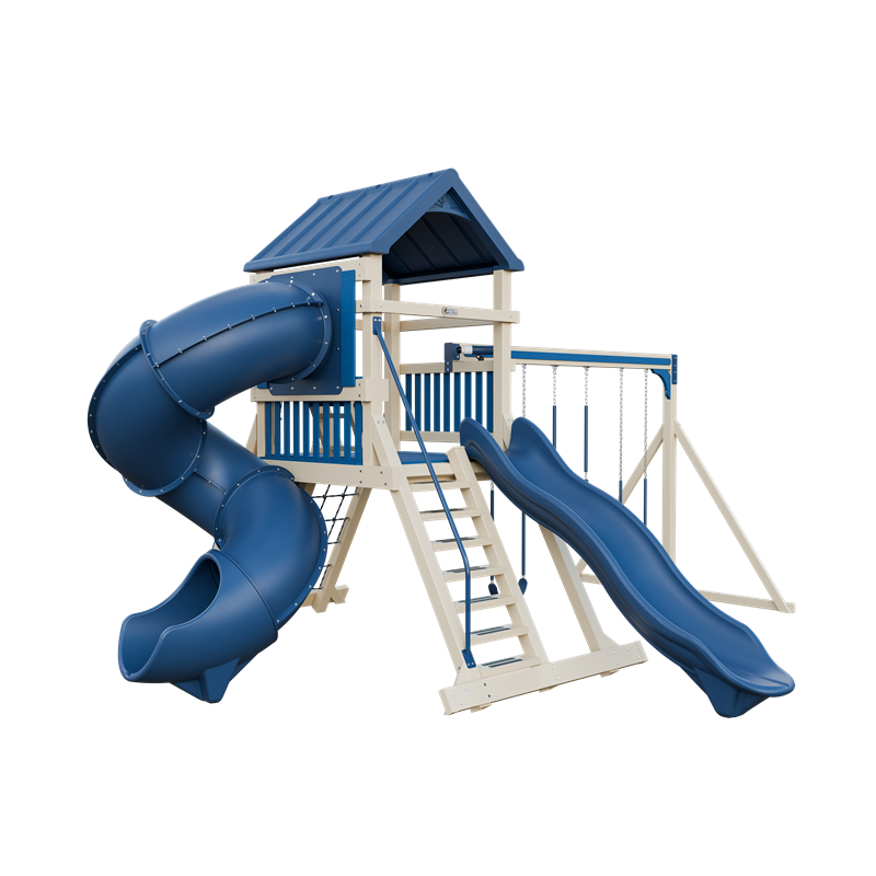 Climber 55 Turbo Deluxe swing set in almond and blue, front left