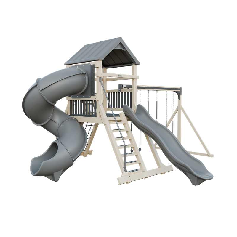 Climber 55 Turbo Deluxe swing set in almond and gray, front left