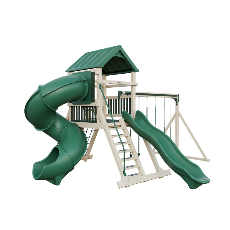 Climber 55 Turbo Deluxe swing set in almond and green, front left