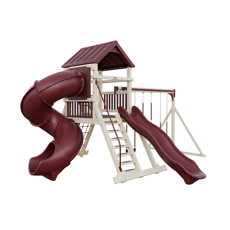 Climber 55 Turbo Deluxe swing set in almond and red, front left