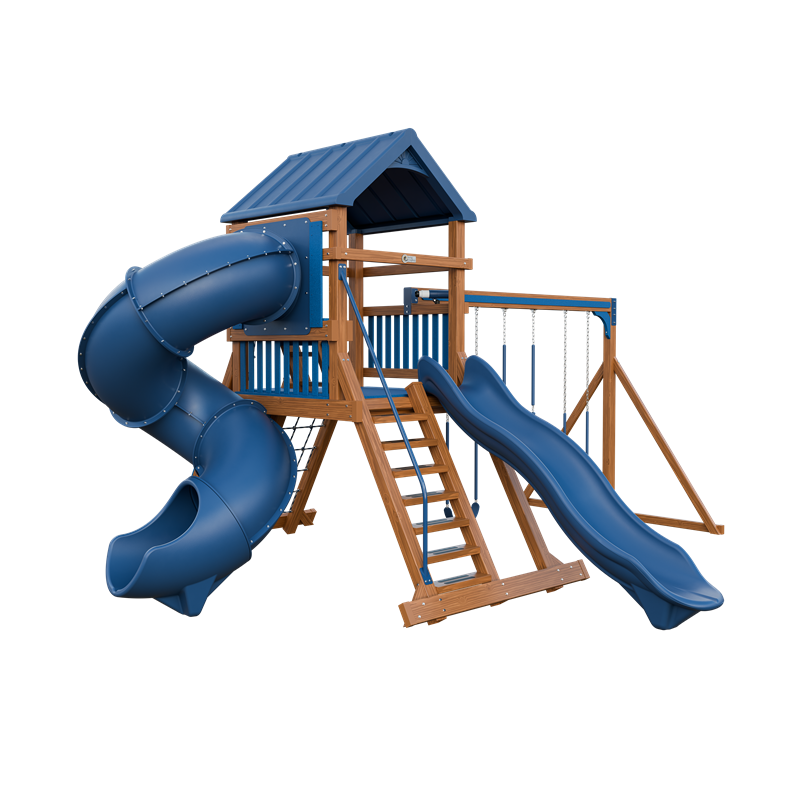 Climber 55 Turbo Deluxe swing set in wood grain and blue, front left