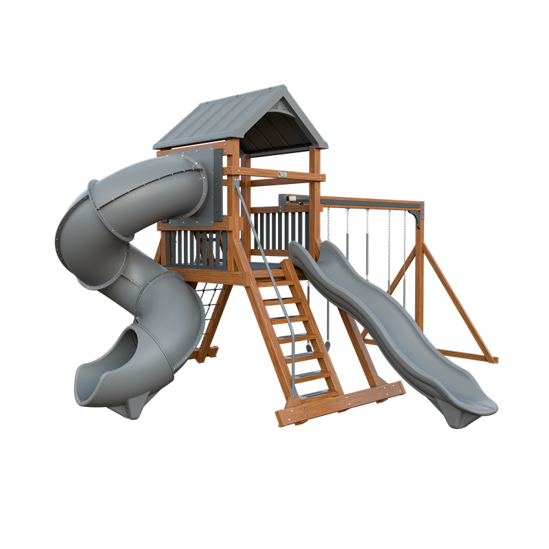 Climber 55 Turbo Deluxe swing set in wood grain and gray, front left