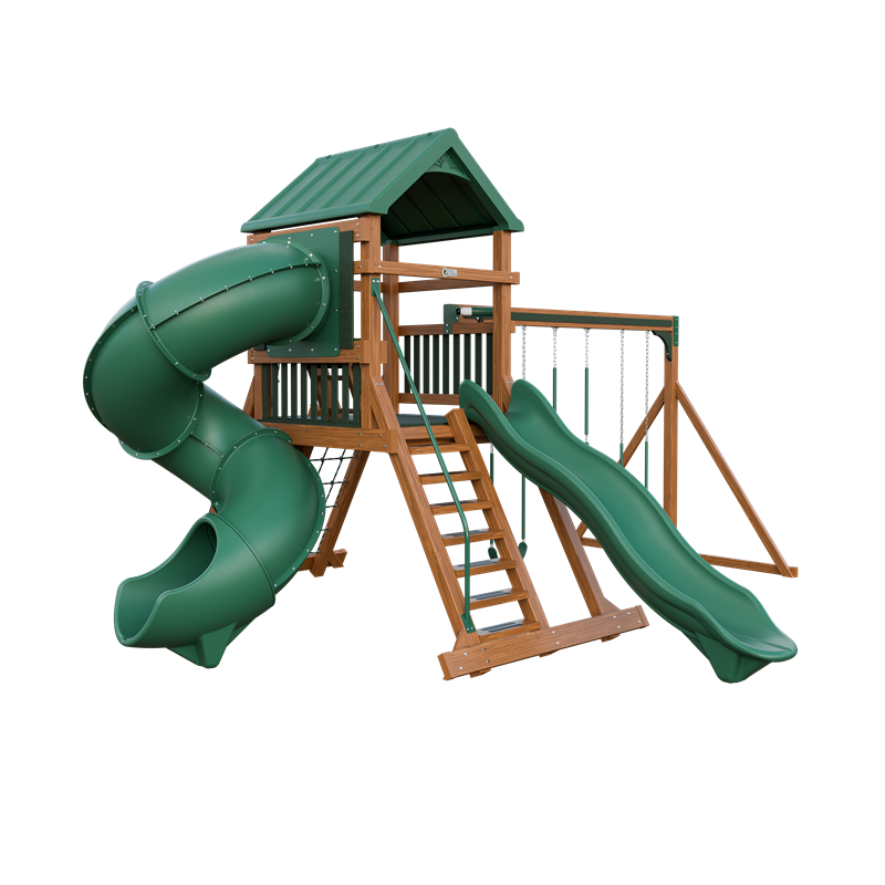 Climber 55 Turbo Deluxe swing set in wood grain and green, front left