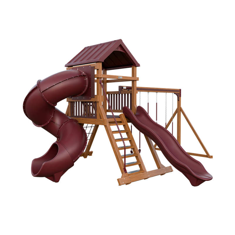 Climber 55 Turbo Deluxe swing set in wood grain and red, front left