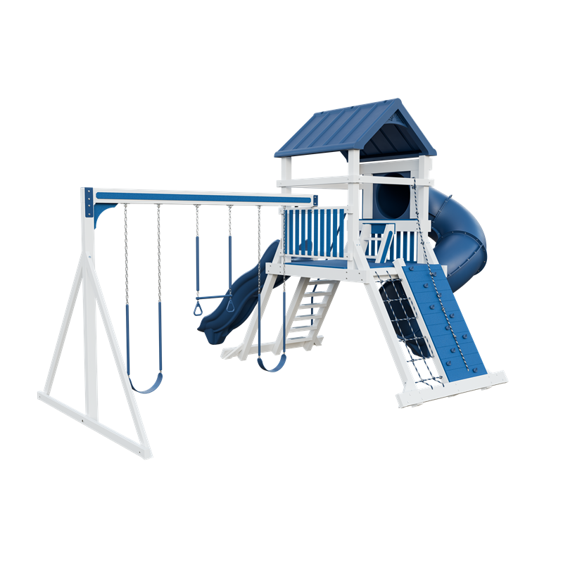 Climber 55 Turbo Deluxe swing set in white and blue, back left