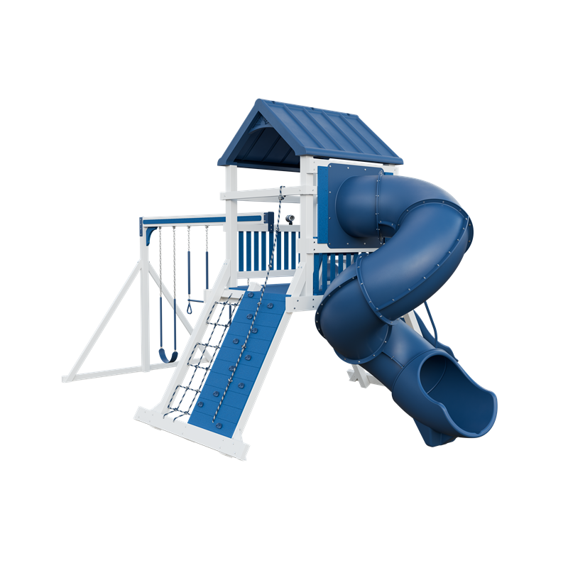 Climber 55 Turbo Deluxe swing set in white and blue, back right